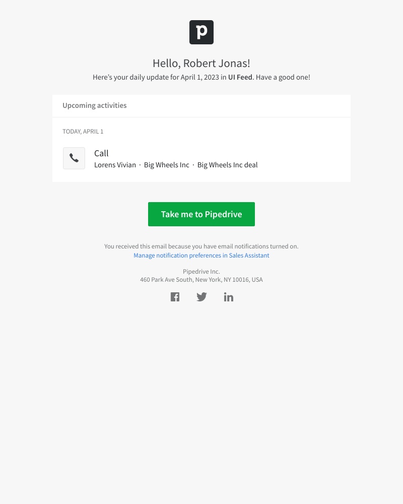 Pipedrive - Summary for the day