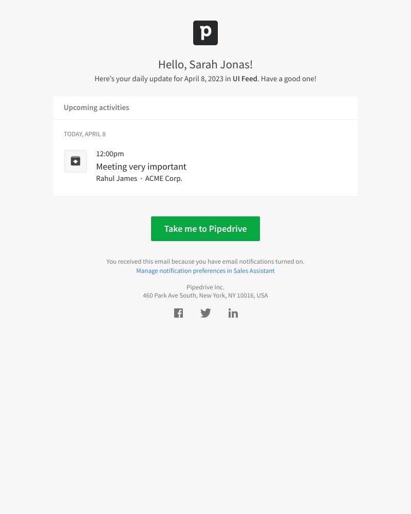 Pipedrive - Summary for the day