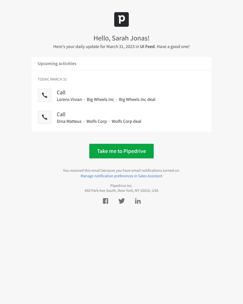 Pipedrive - Summary for the day