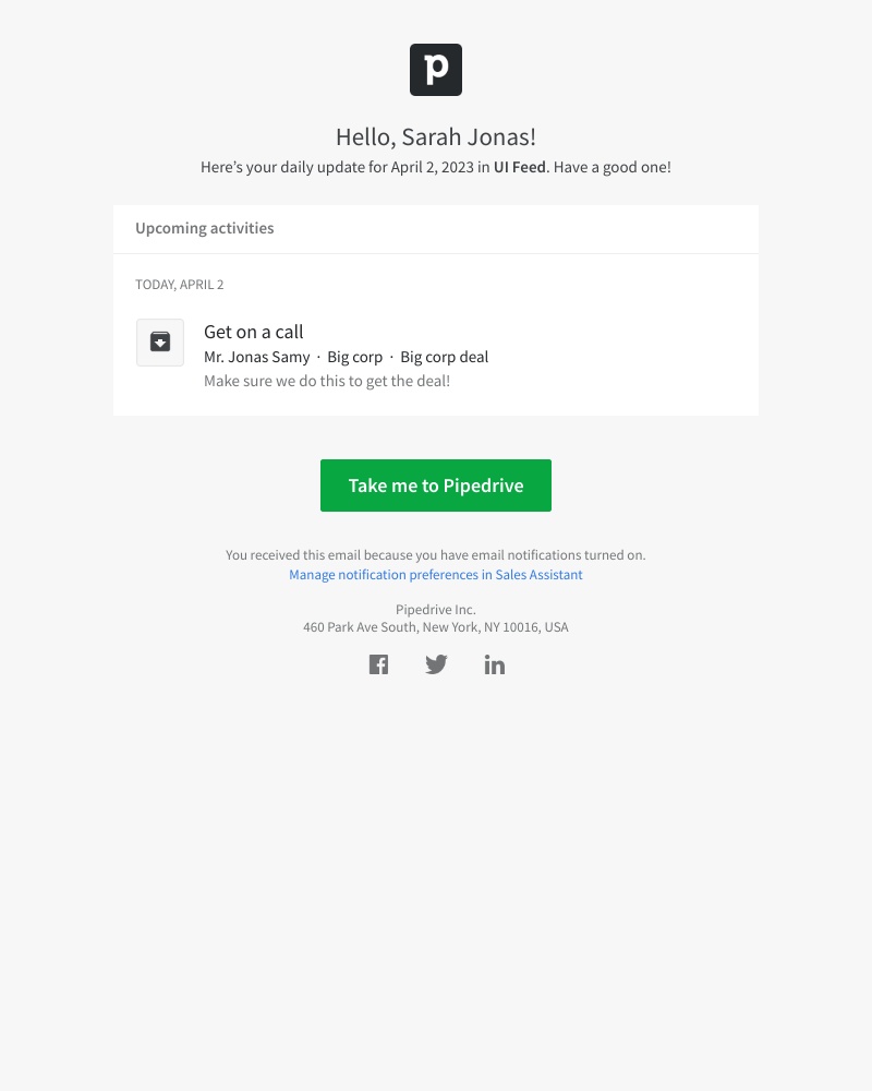 Pipedrive - Summary for the day