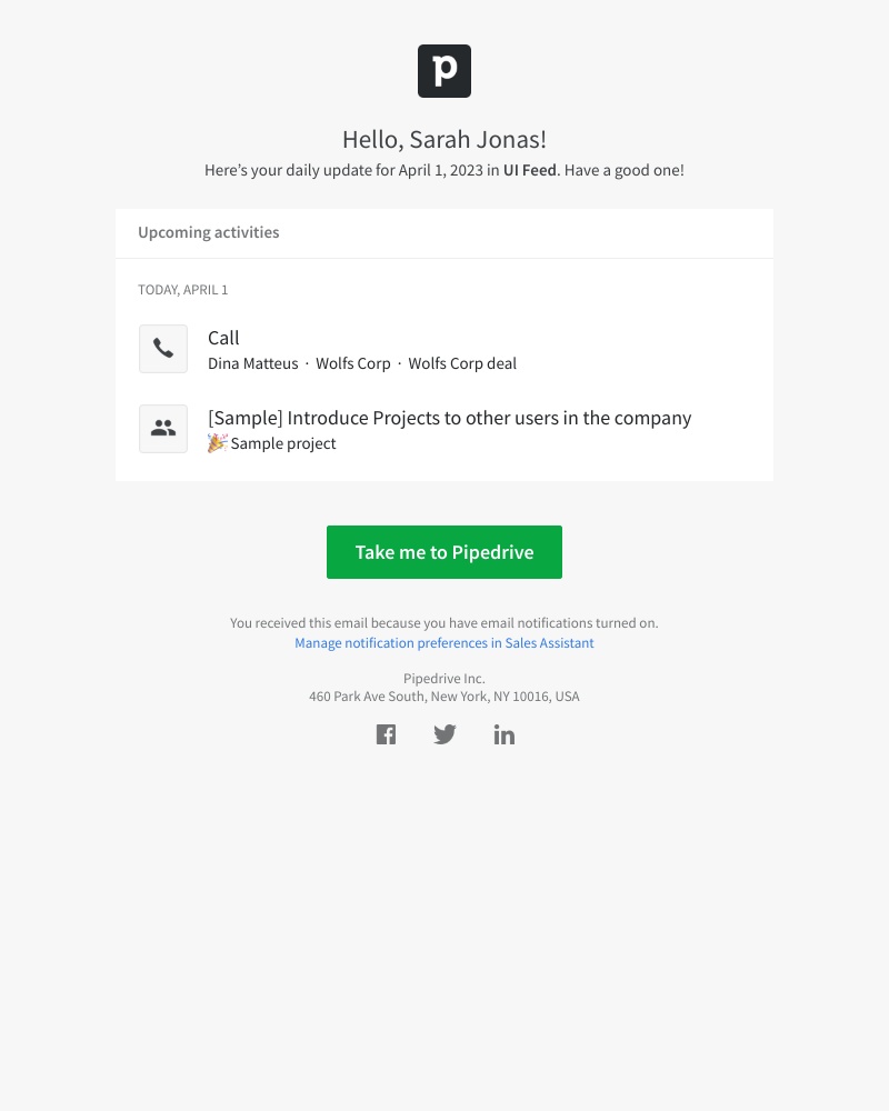 Pipedrive - Summary for the day