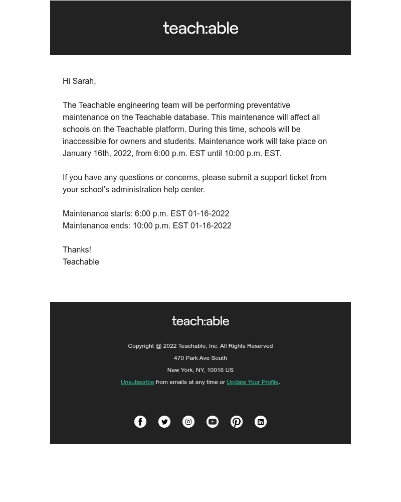 Teachable - Teachable Downtime - Scheduled Maintenance