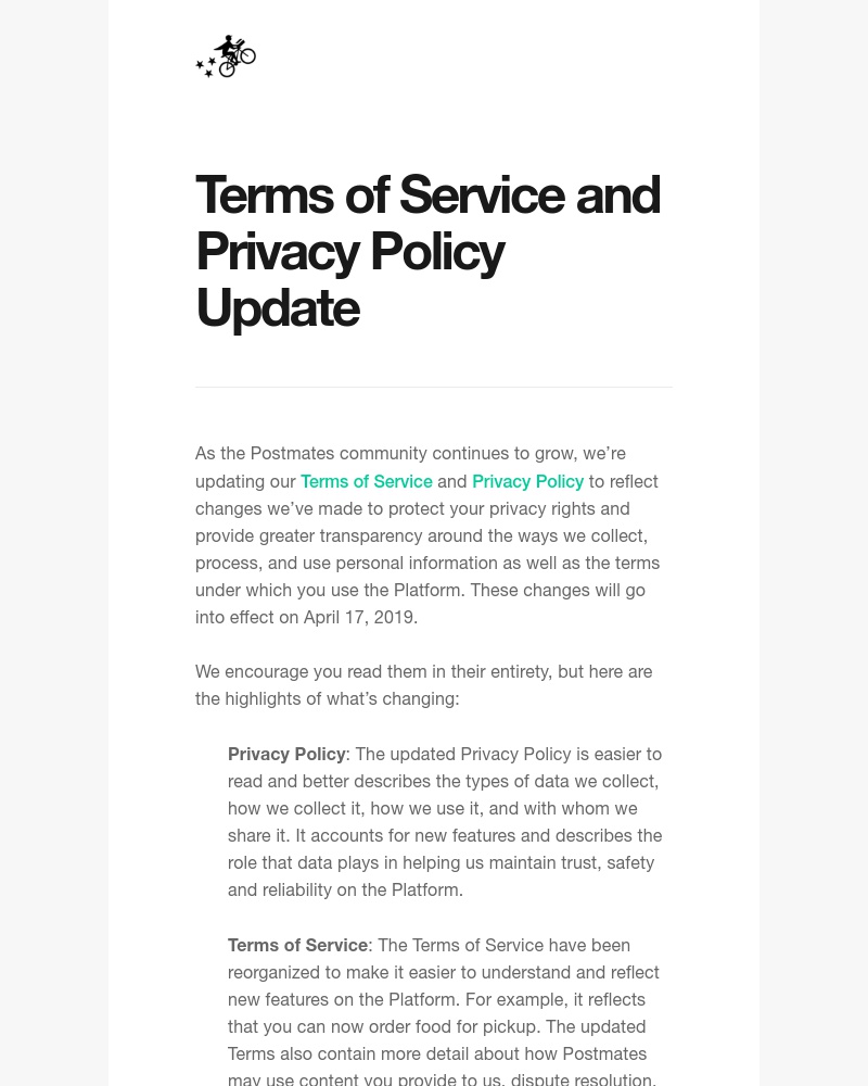 Postmates - Terms of Service and Privacy Policy Update