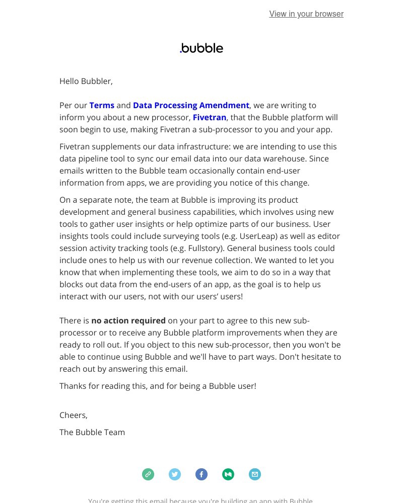 Bubble - Terms Update: New sub-processor