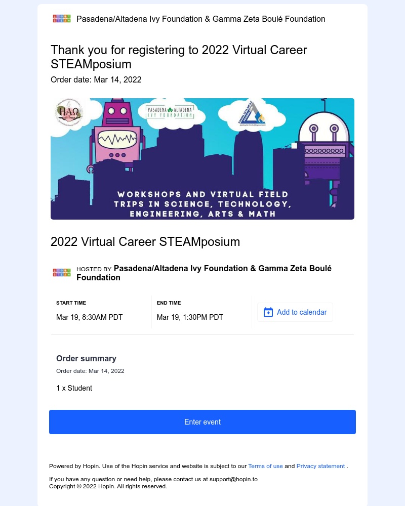 Hopin - Thank you for registering to 2022 Virtual Career STEAMposium