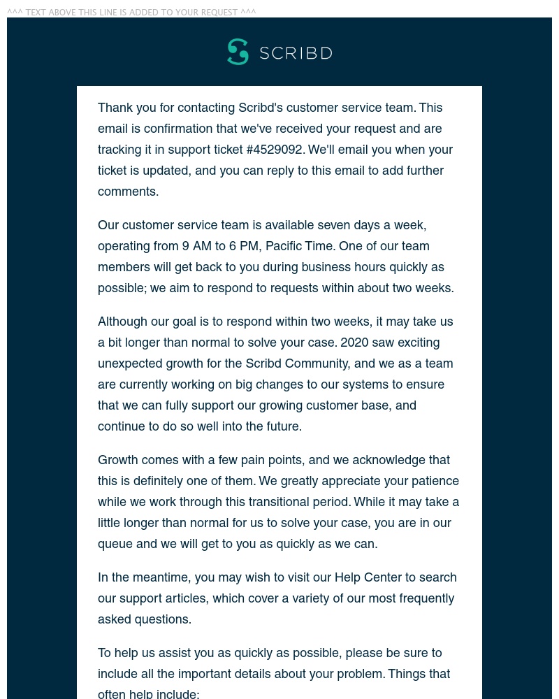 Scribd - Thanks for contacting us, Sarah