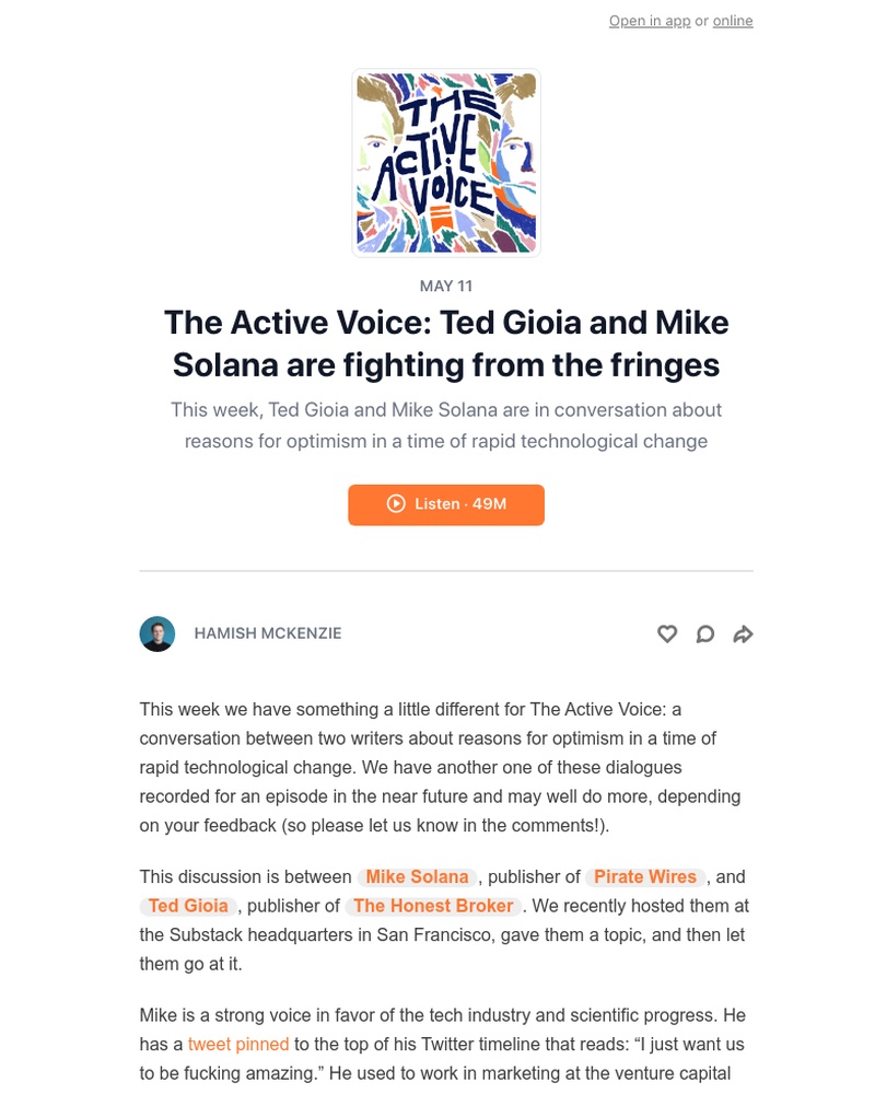 Substack - The Active Voice: Ted Gioia and Mike Solana are fighting from the fringes