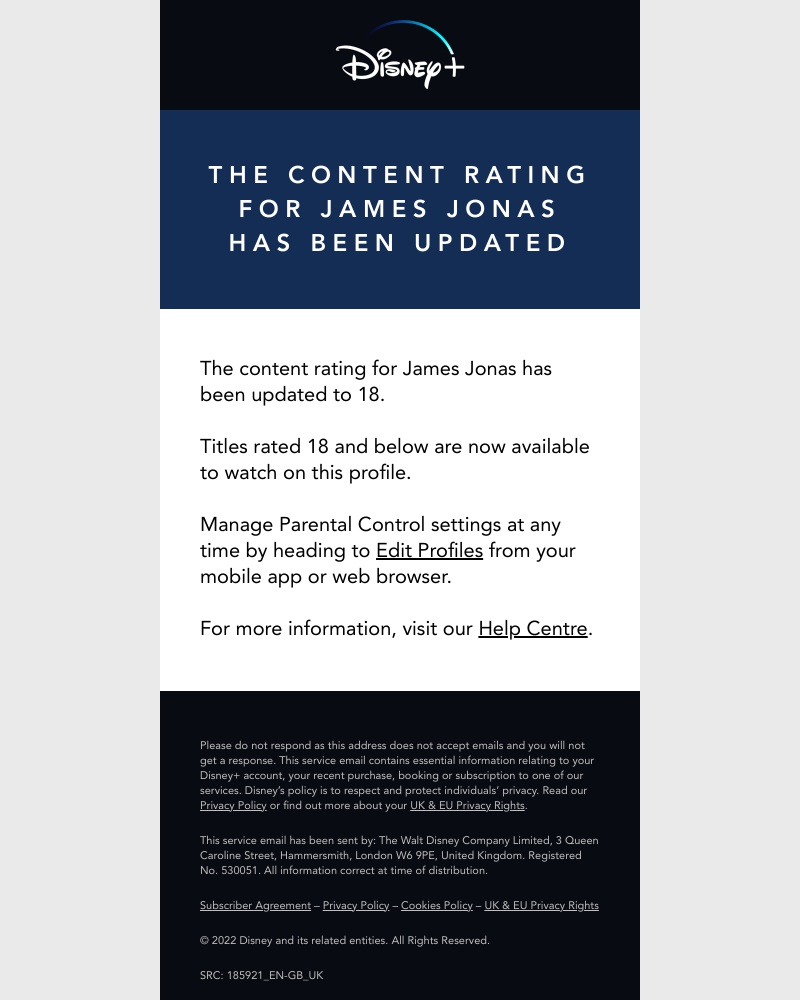 Disney+ - The content rating for James Jonas has been updated