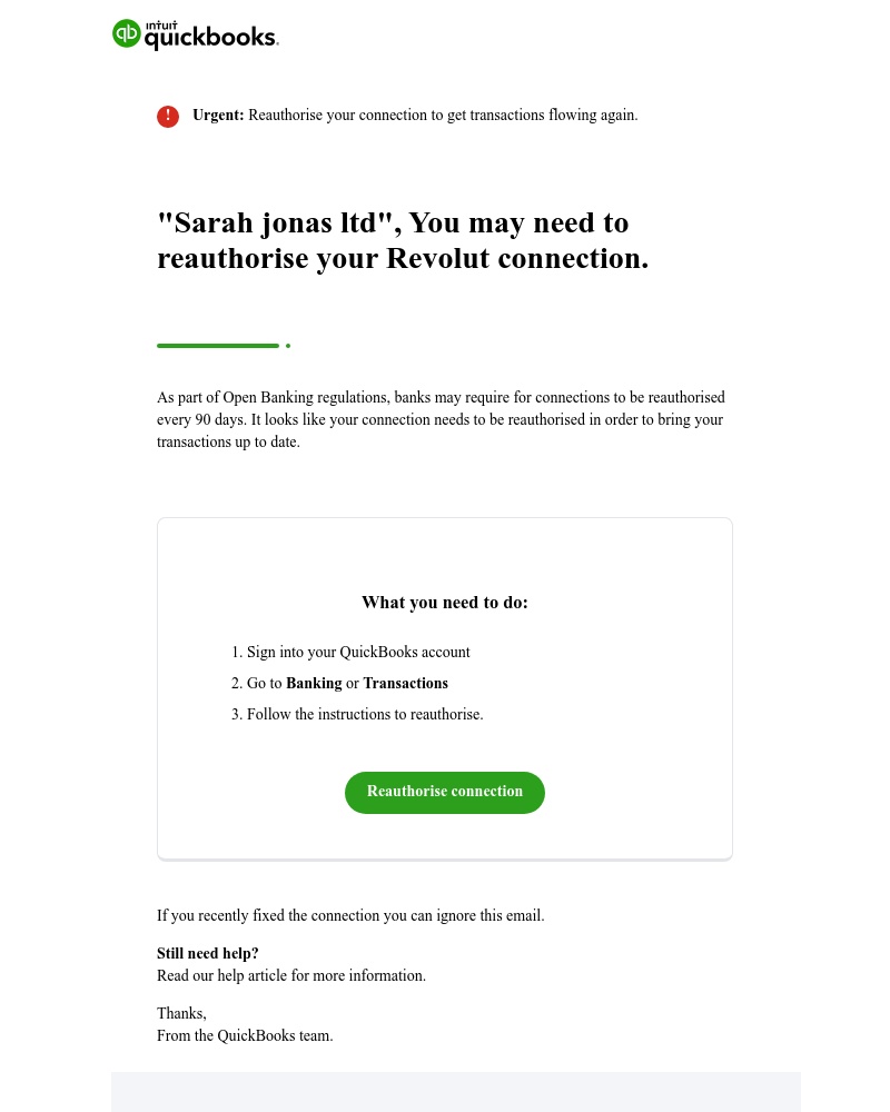 QuickBooks - There's a problem with your bank connection