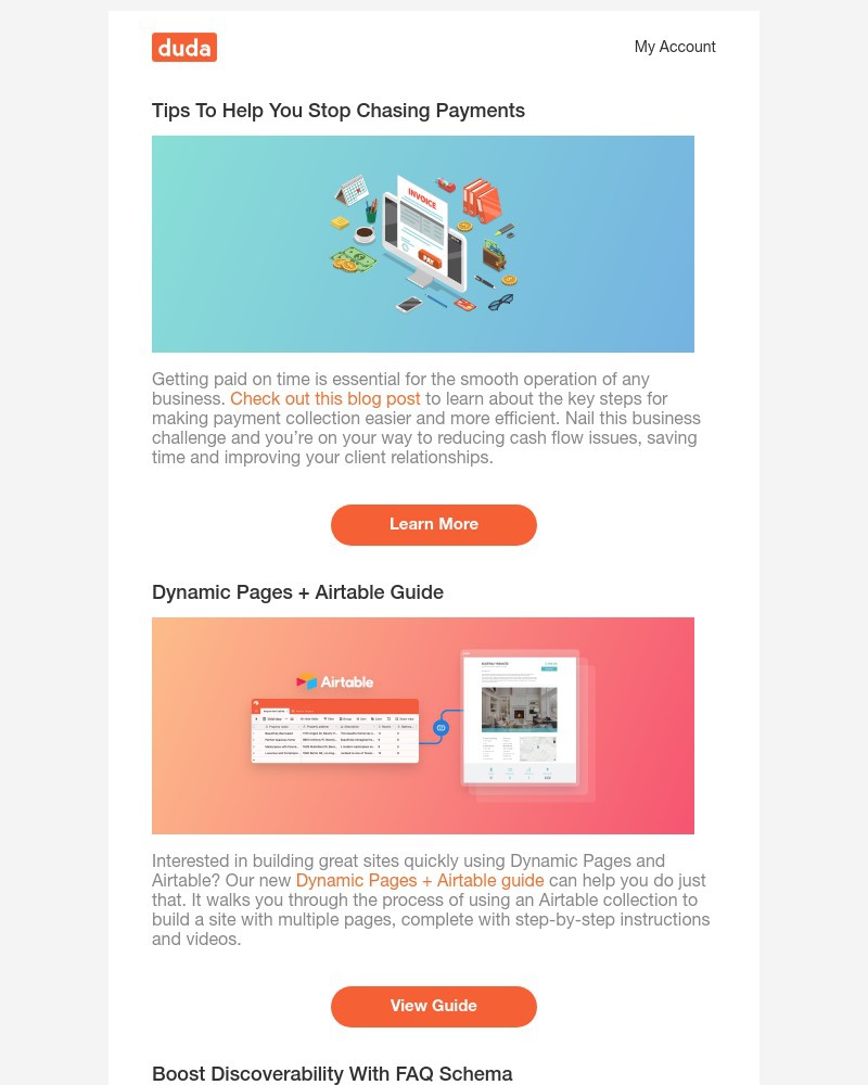Duda - Tips to help you stop chasing payments, new Dynamic Page guide, FAQ schema & more