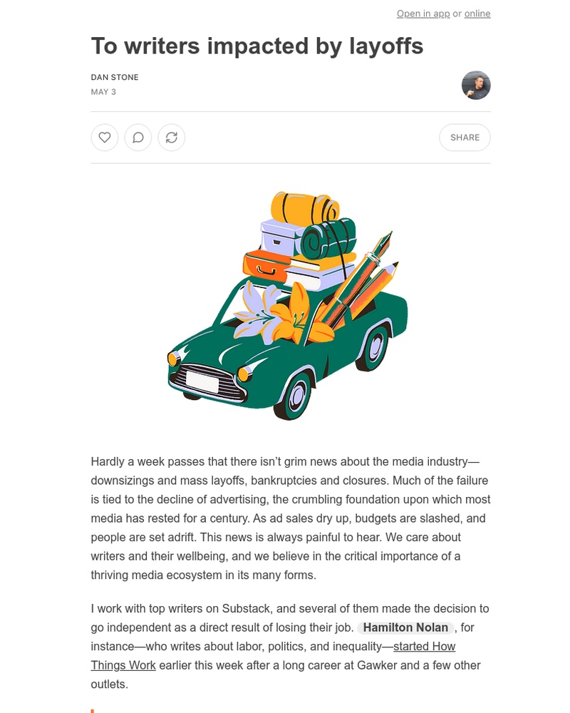 Substack - To writers impacted by layoffs