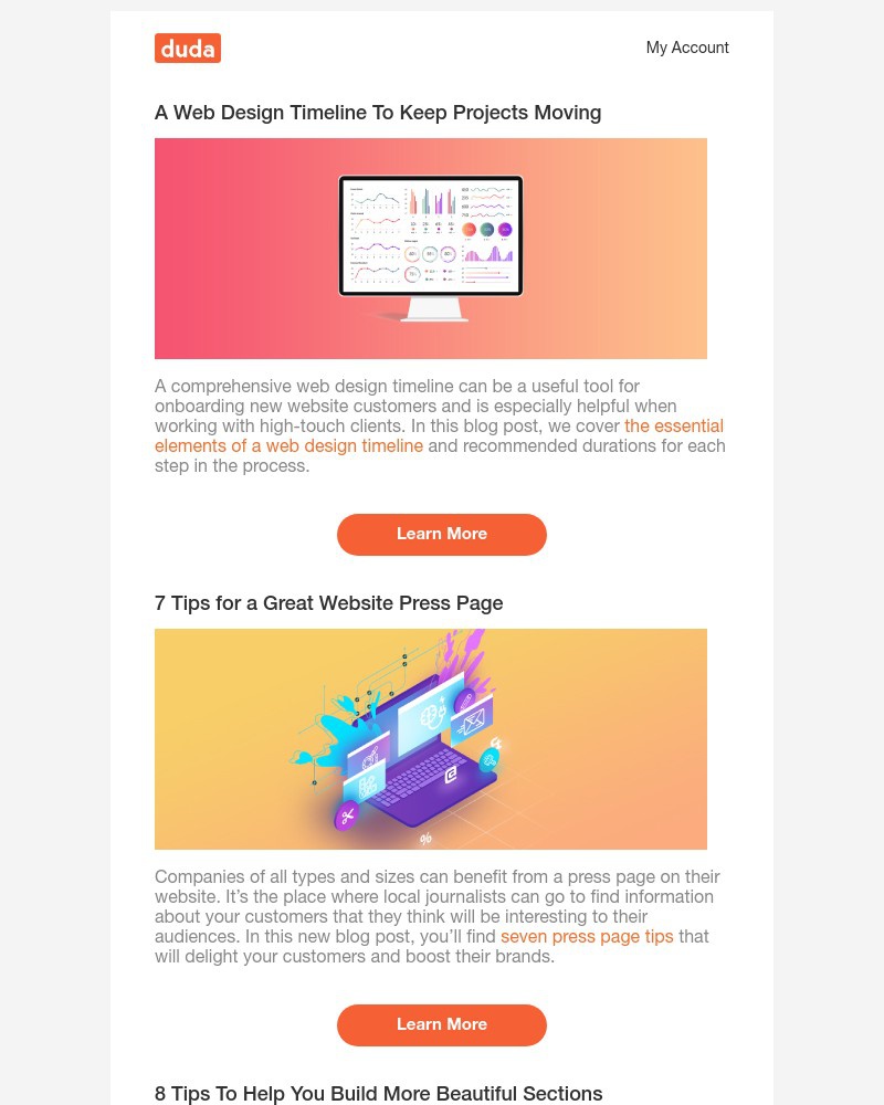 Duda - Top Tips on Web Design Timelines, Press Pages & Sections