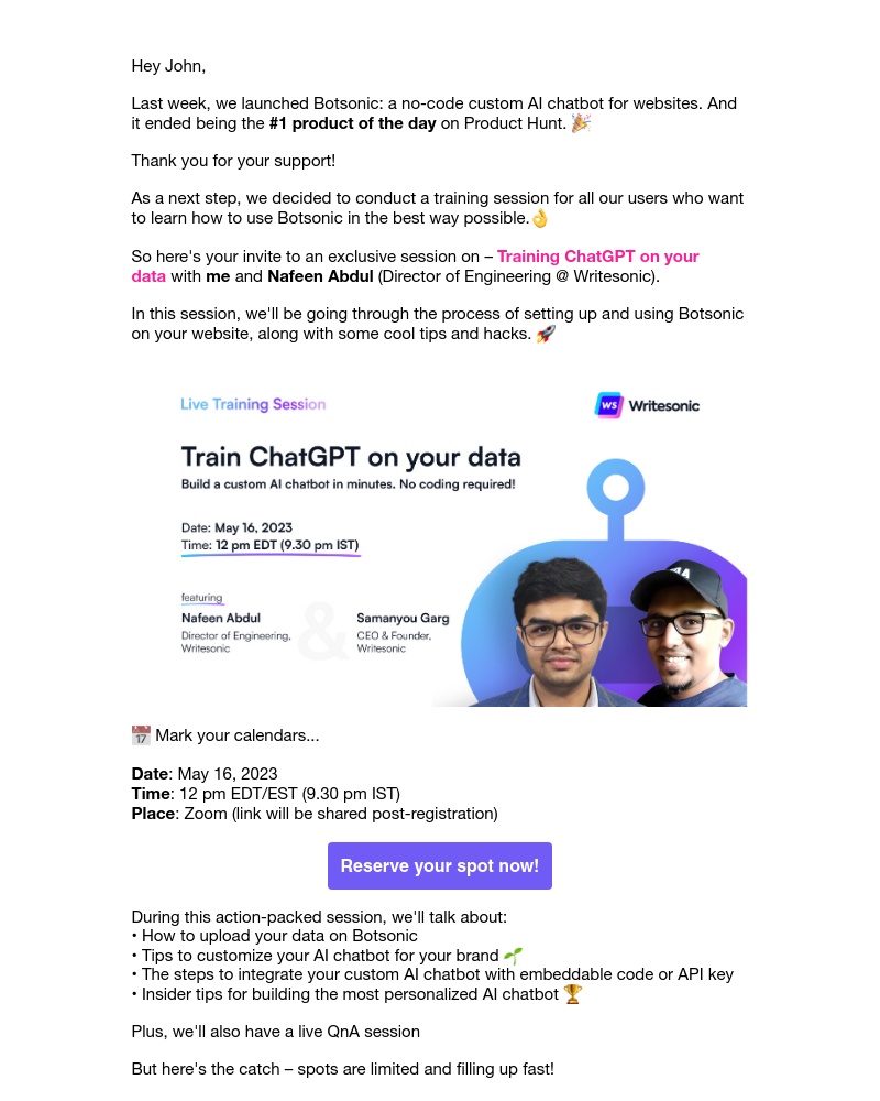 Writesonic - Train ChatGPT on your data with Botsonic: Training session invite 📩