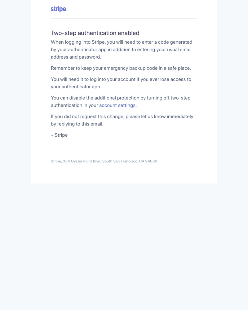 Stripe - Two-step authentication is now enabled on your account