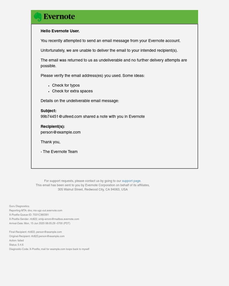 Evernote - Unable to deliver your emailed content