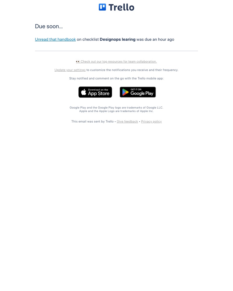 Trello - Unread that handbook on checklist Designops learing was due an hour ago