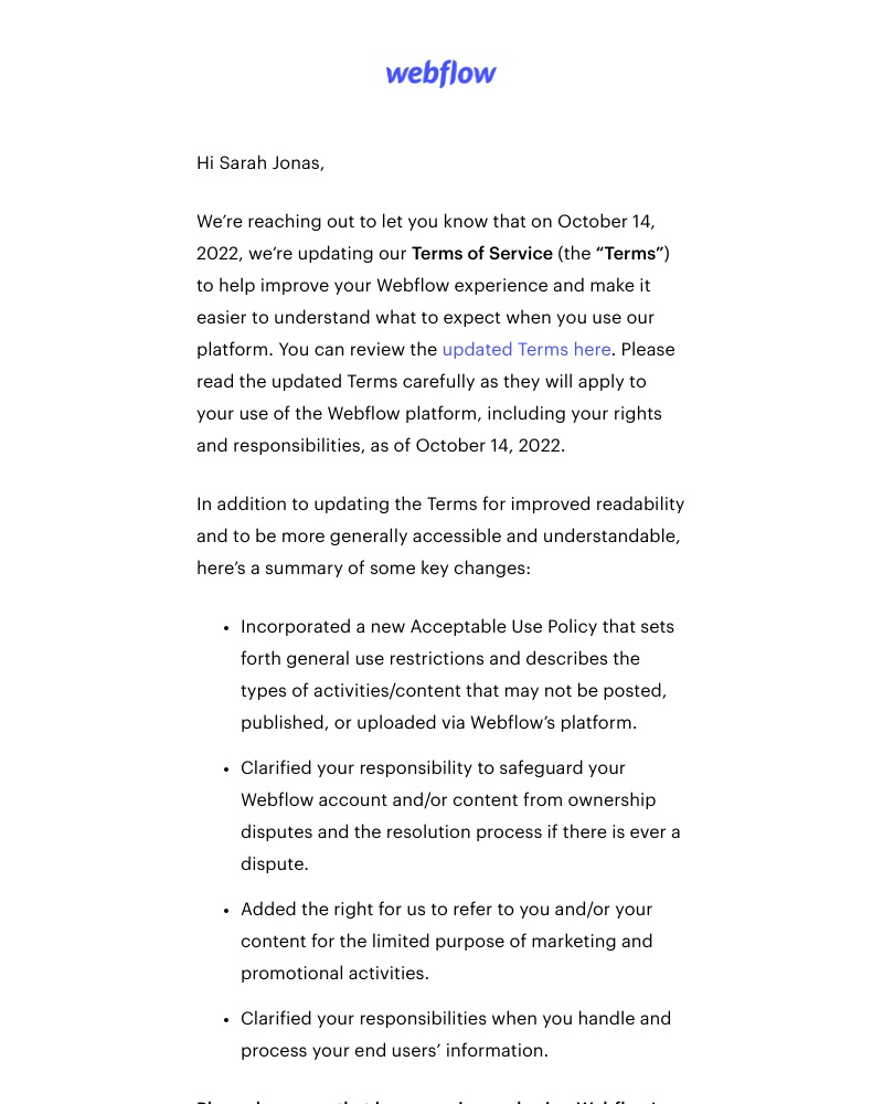 Webflow - Upcoming changes to our online Terms of Service