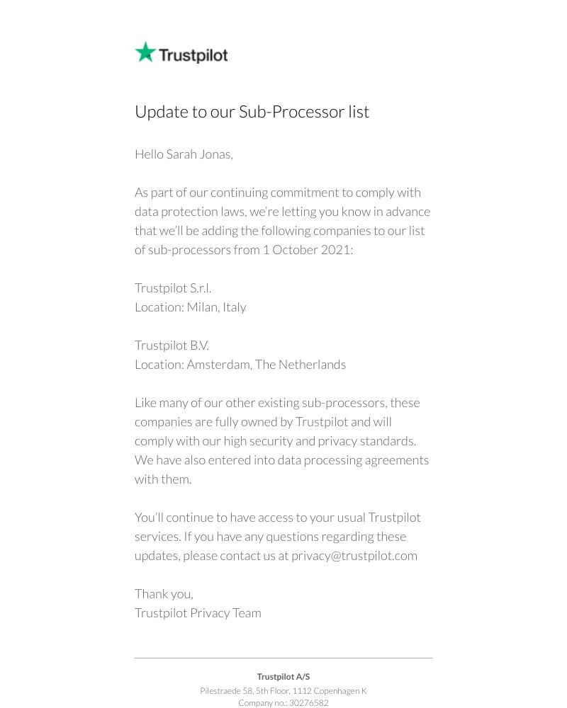 Trustpilot - Update to our Sub-Processor list