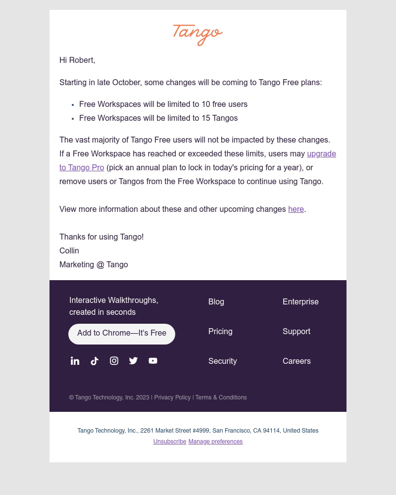 Tango - Updated link: Important updates to Tango Free plans