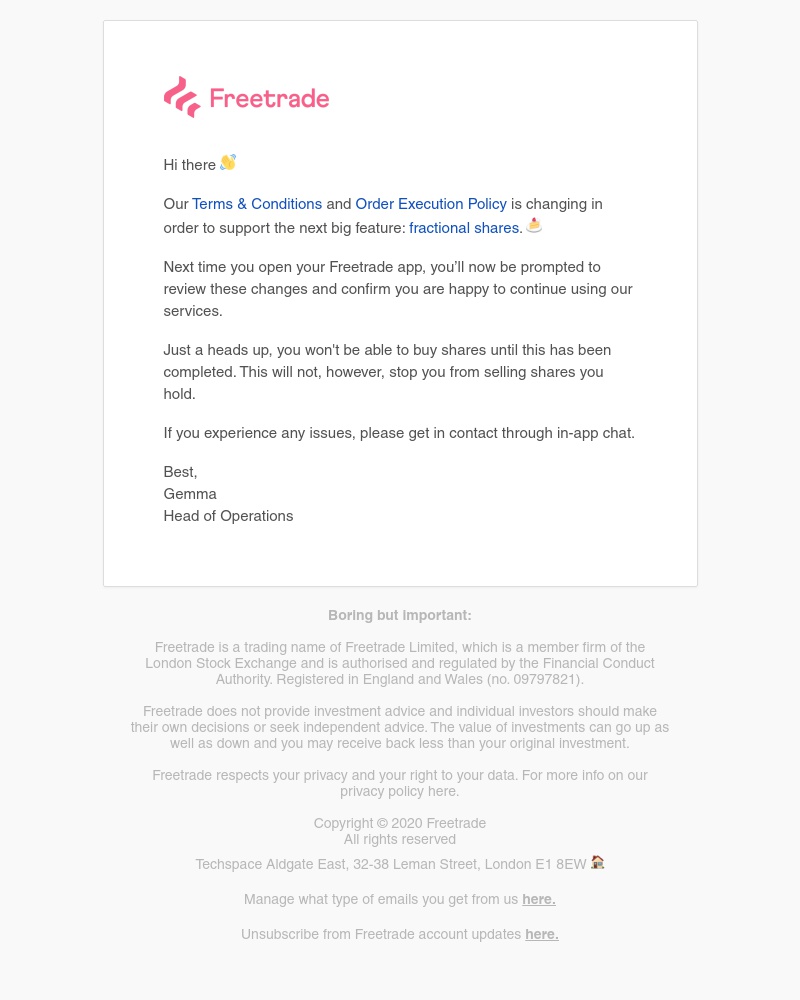 Freetrade - Updated T&Cs and Order Execution policy 📝
