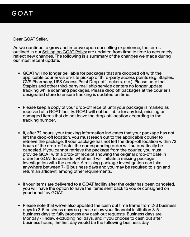 Goat - Updates to Our Selling Policy