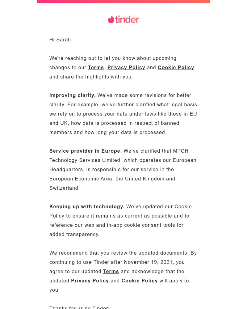 Tinder - Updates to our Terms