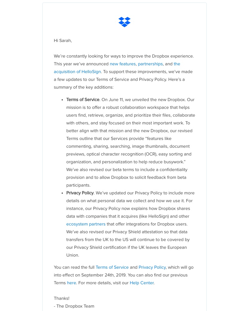 Dropbox Paper - Updates to our Terms of Service and Privacy Policy