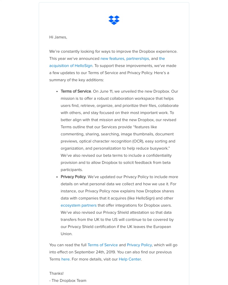 Dropbox Paper - Updates to our Terms of Service and Privacy Policy