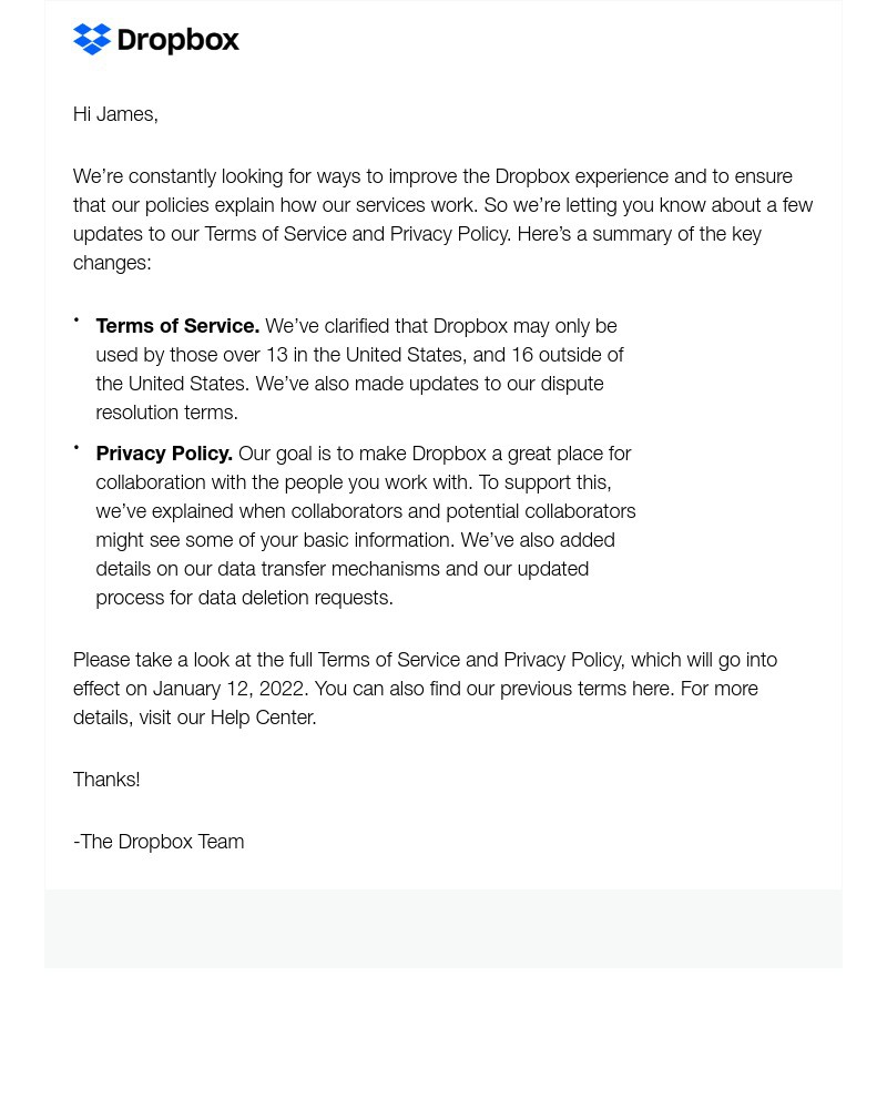 Dropbox - Updates to our Terms of Service and Privacy Policy