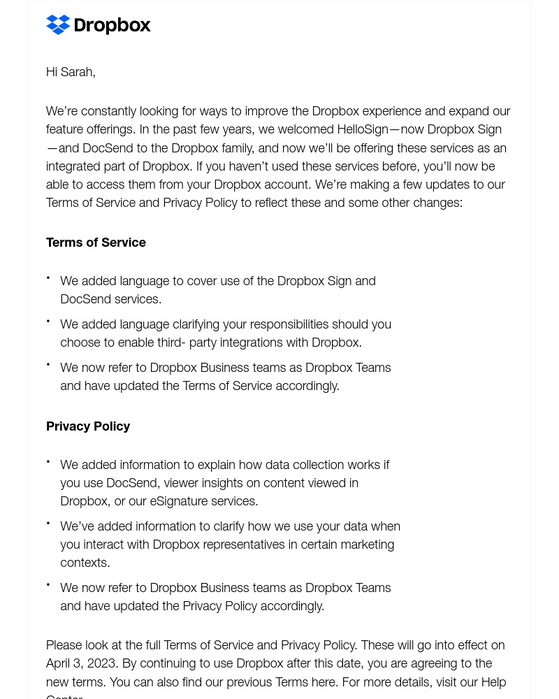 Dropbox - Updates to our Terms of Service and Privacy Policy