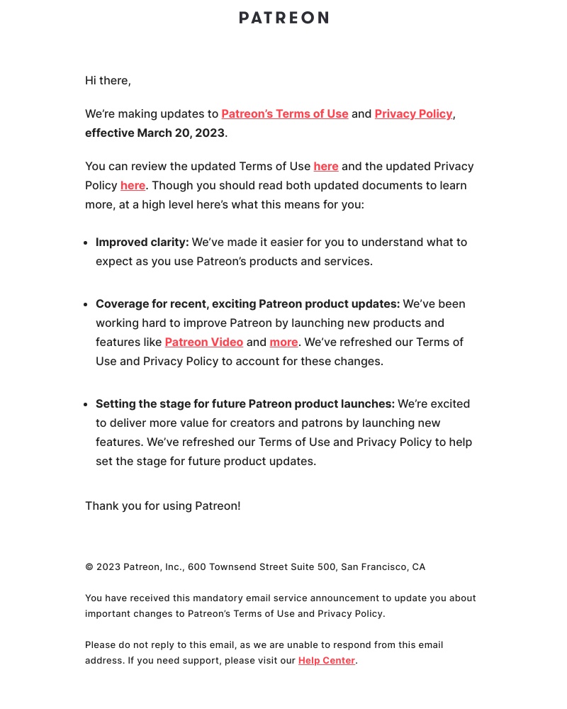 Patreon - Updates to Patreon’s Terms of Use and Privacy Policy