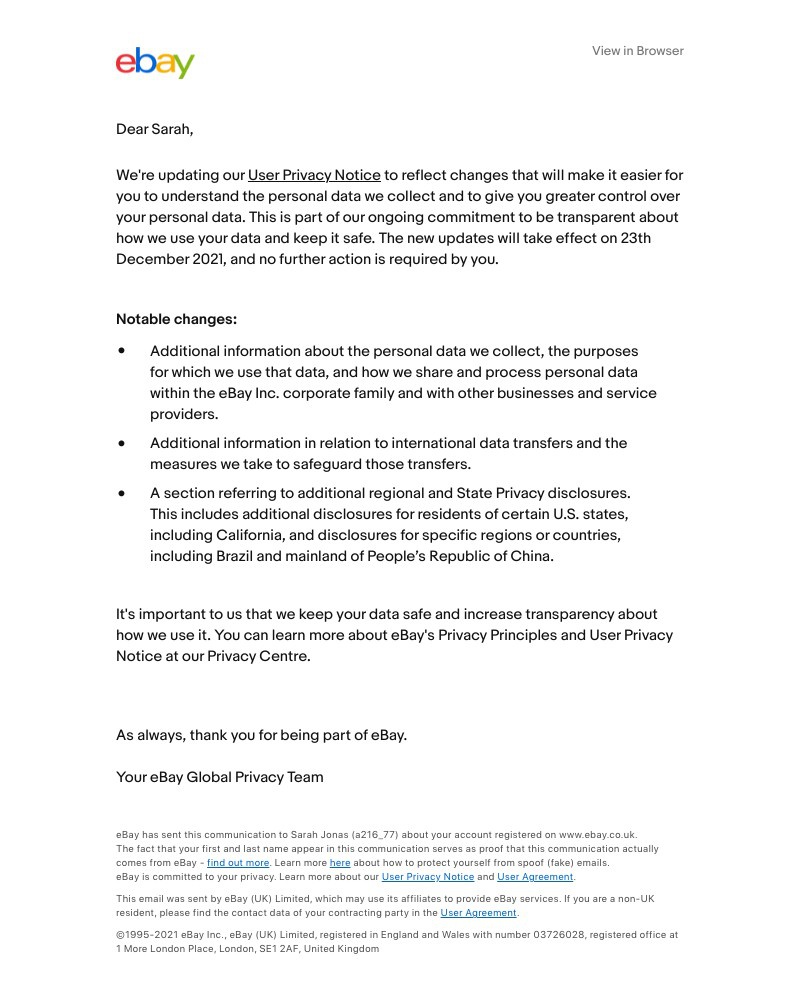 eBay - Updates to User Privacy Notice