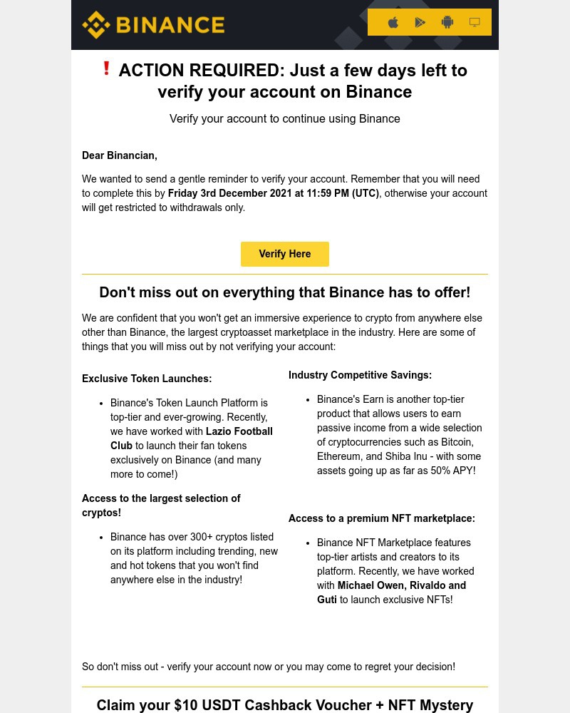 Binance - ā URGENT REMINDER: Just a few days left to verify your account on Binance