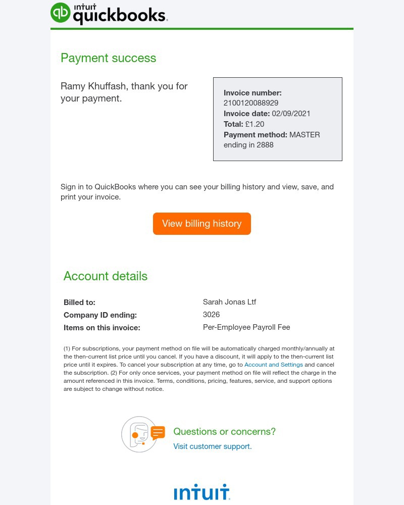 QuickBooks - We received your QuickBooks subscription payment!