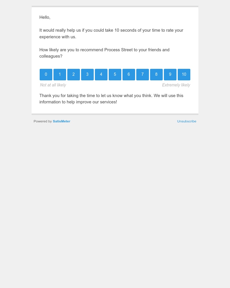 Process Street - We would love your feedback! How likely are you to recommend Process Street?