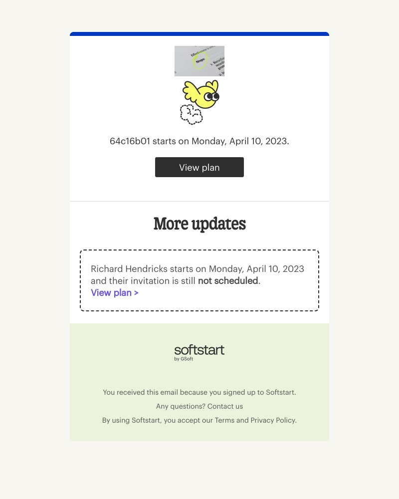 Softstart - Weekly digest: 64c16b01 starts on Monday, April 10, 2023