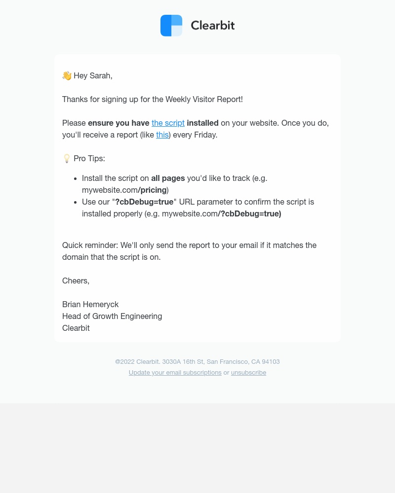 Clearbit - Weekly Visitor Report - Welcome!