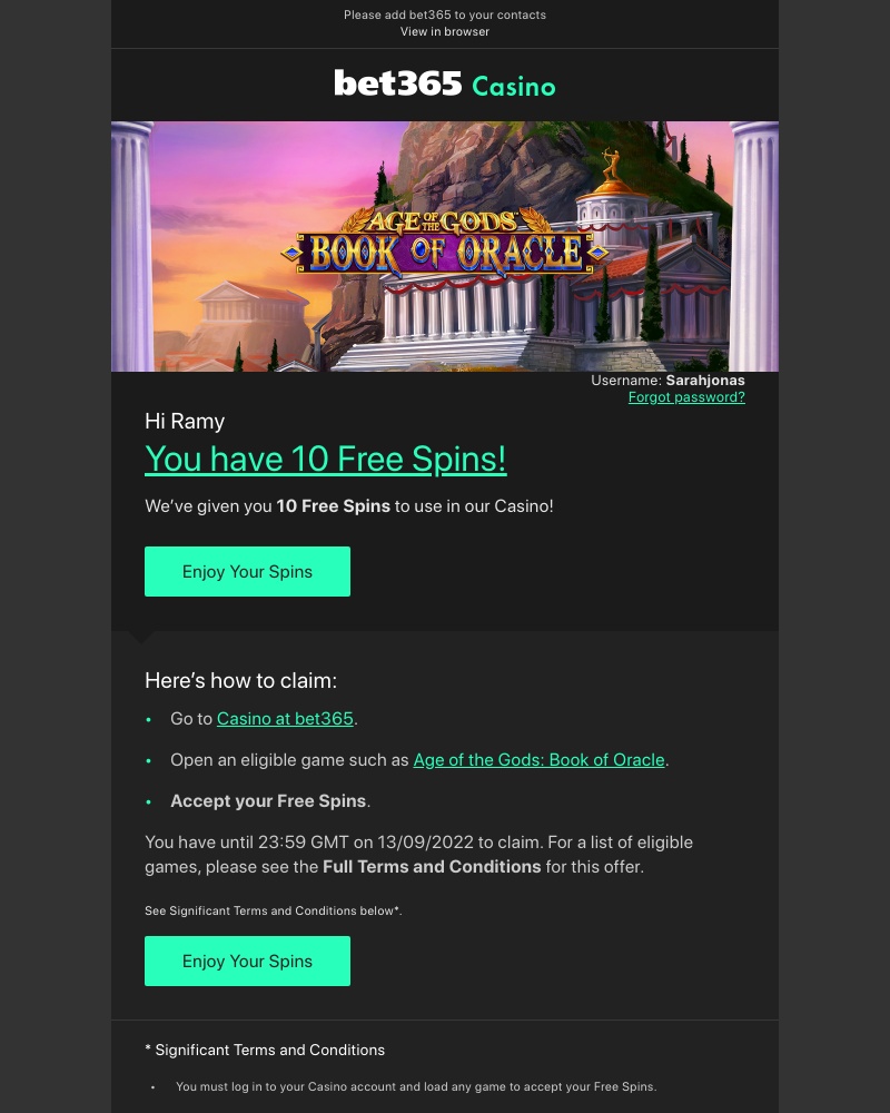 Bet365 - We've given you some Free Spins!