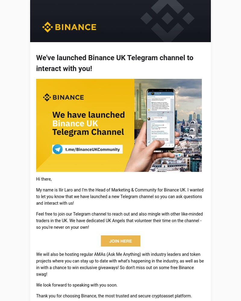 Binance - We've launched Binance UK Telegram channel to interact with you!