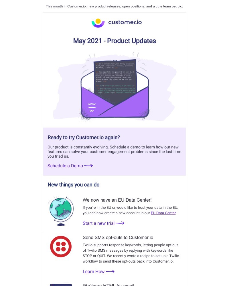 Customer.io - What's New? 🌍 EU Data Center,📱SMS opt-outs, and more