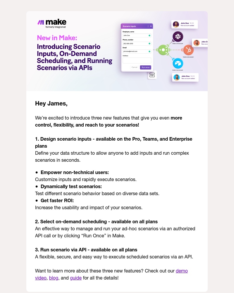 Make.com - What’s New in Make: Scenario Inputs, On-Demand Scheduling, Run Scenario via API