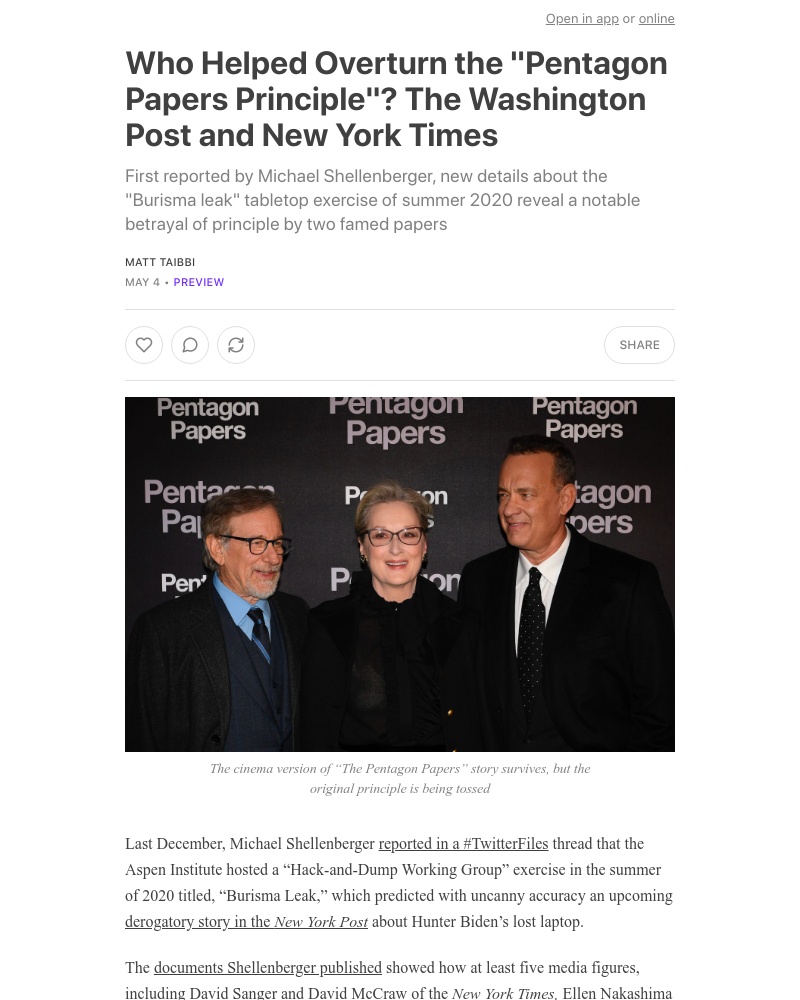 Substack - Who Helped Overturn the "Pentagon Papers Principle"? The Washington Post and New York Times