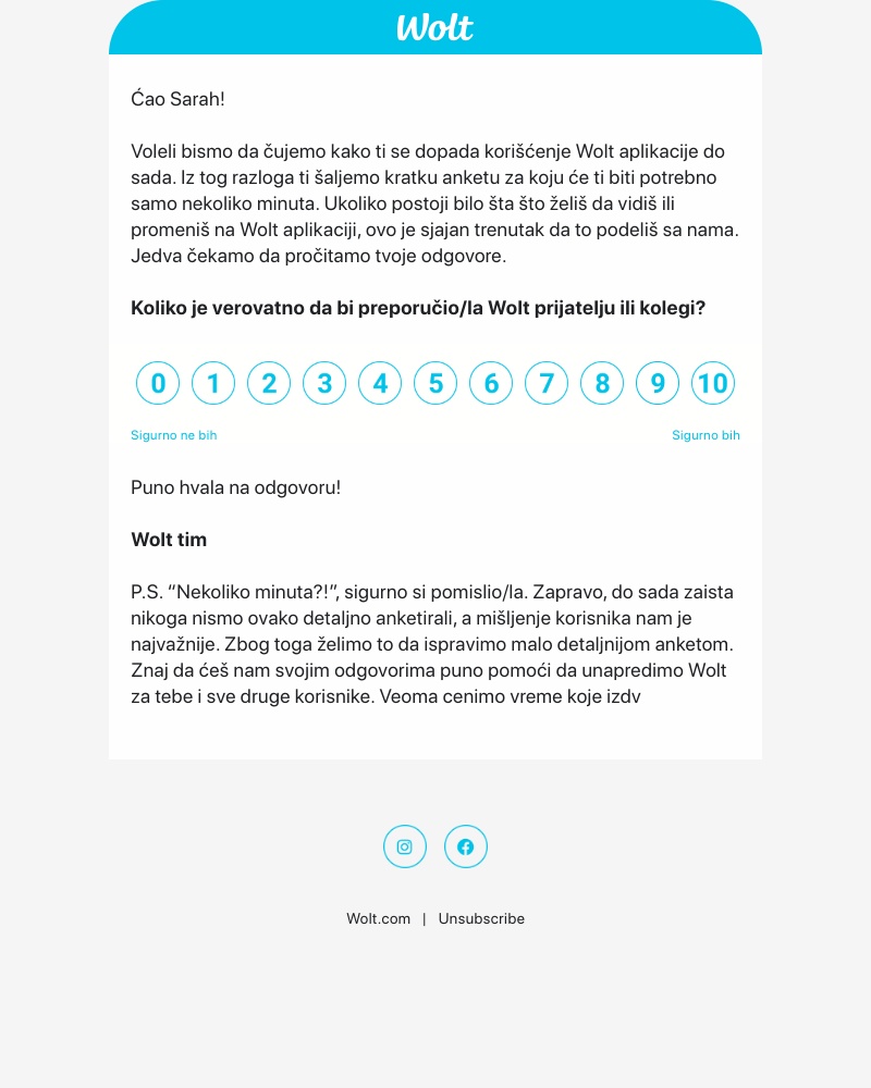 Wolt - Wolt anketa – molimo te da odvojiš nekoliko minuta i popuniš anketu!