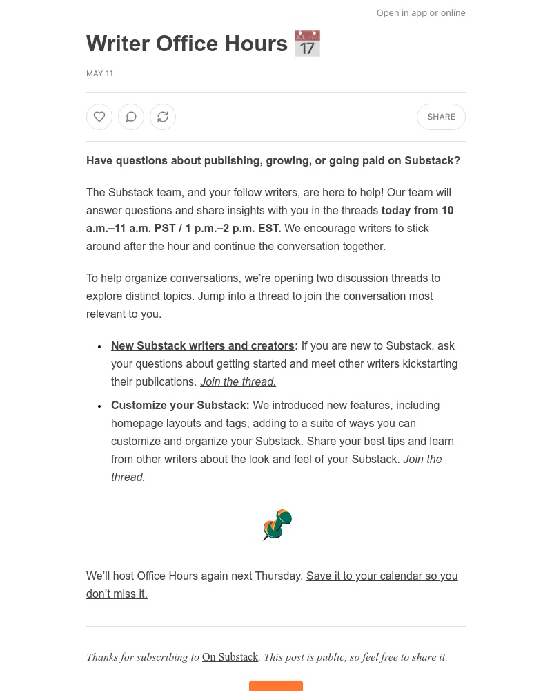 Substack - Writer Office Hours 📅