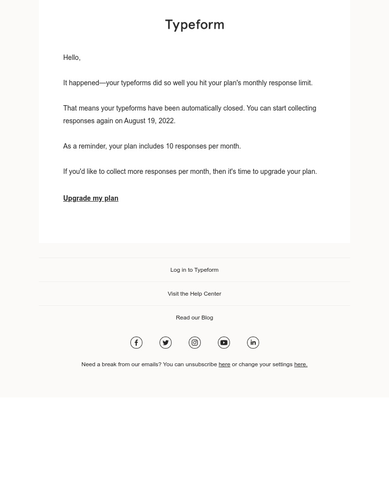 Typeform - You hit your monthly response limit