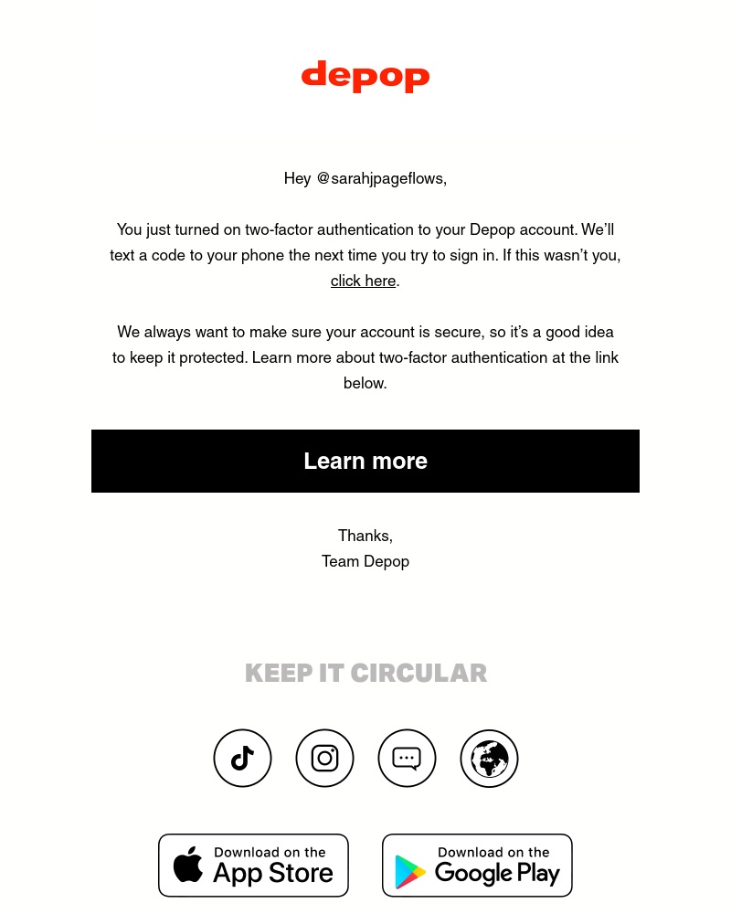 Depop - You just turned on two-factor authentication