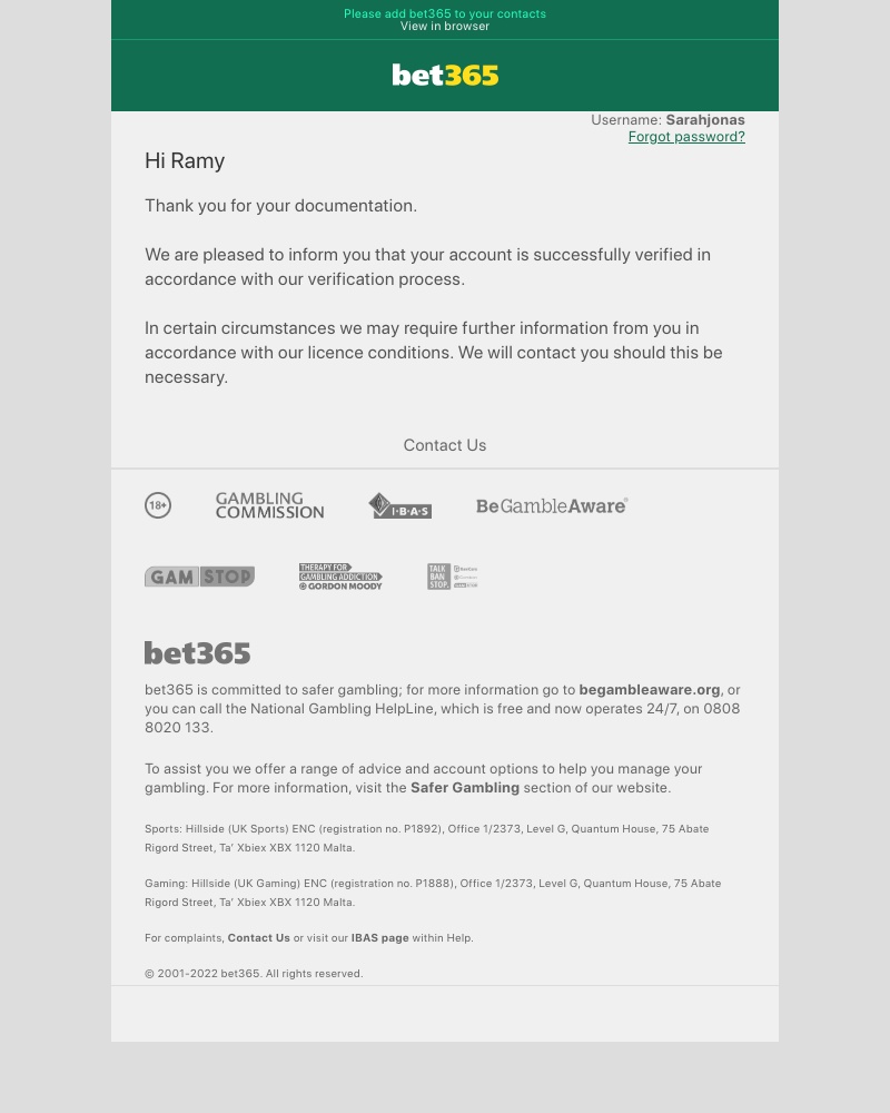 Bet365 - Your Account Has Been Fully Verified
