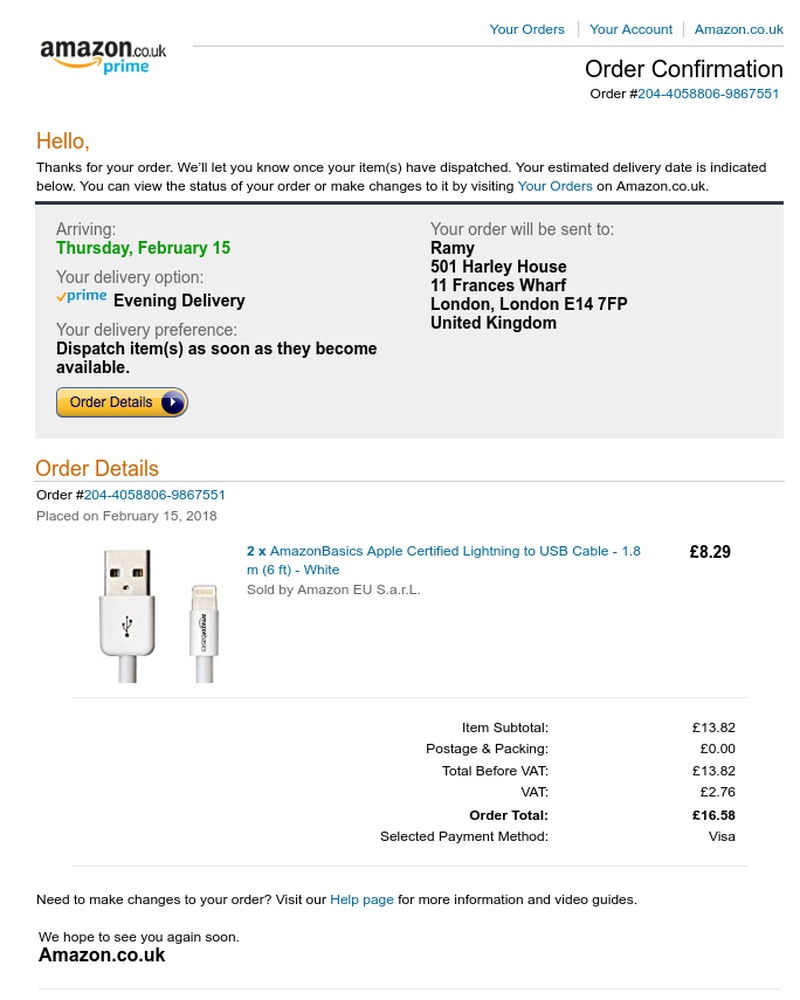 Amazon - Your Amazon.co.uk order of 2 x "AmazonBasics Apple..."