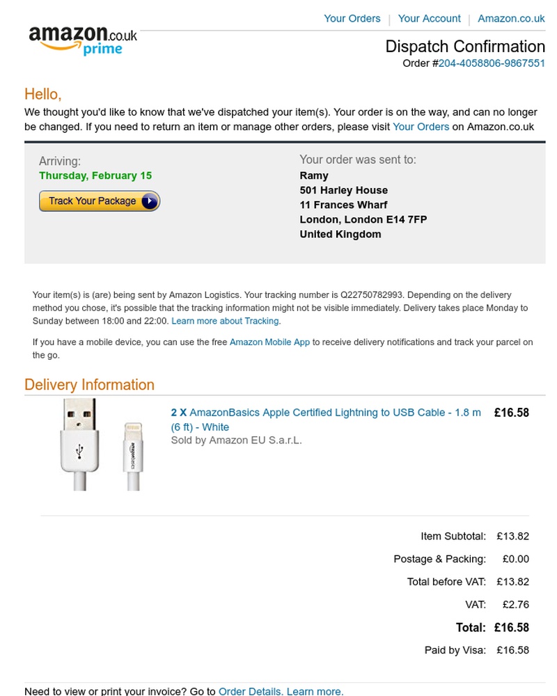 Amazon - Your Amazon.co.uk order of "2" x "AmazonBasics Apple..." has been dispatched