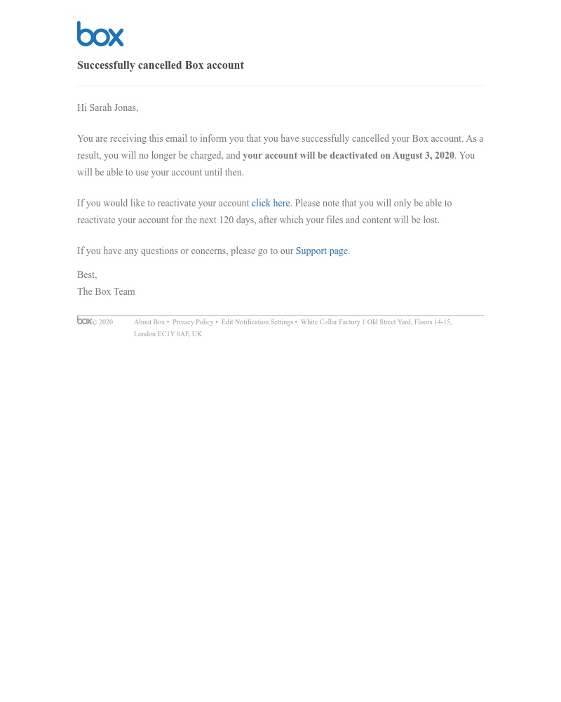 Box - Your Box account has been cancelled